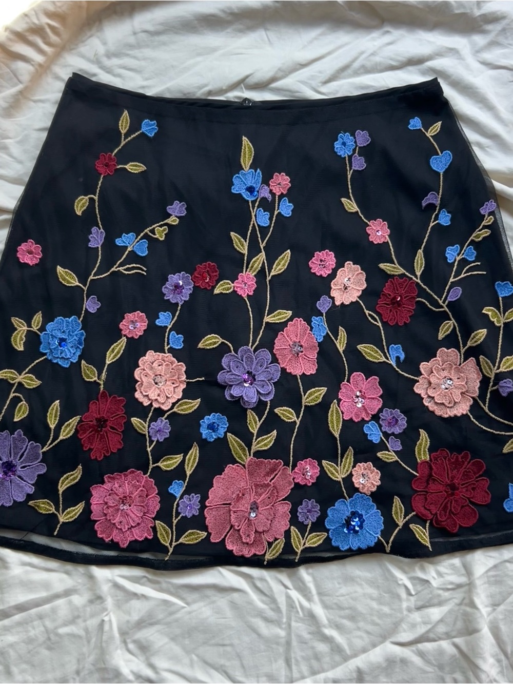 Black Floral Embroidered A-Line Skirt